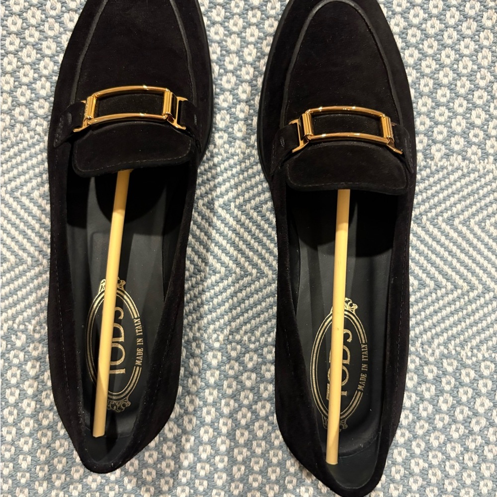 Tod's Black Loafers with Gold Buckle
